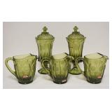 1293	5 PIECE FOSTORIA COIN OLIVE GREEN, 3  PITCHERS & 2-13 IN COVERED JARS
