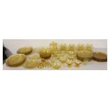 1303	TABLE LOT OF AMBER MADRID DEPRESSION GLASS, INCLUDES GRILL PLATES, DINNER PLATES, SOUP BOWLS, C