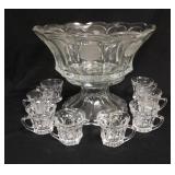 1306	FOSTORIA COIN PUNCH SET, BOWL, BASE, & 8 CUPS, BOWL IS 14 3/4 IN DIAMETER X 11 5/8 IN HIGH, 2 C