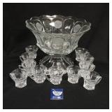 1308	FOSTORIA COIN PUNCH SET, BOWL, BASE & 11 CUPS, BOWL IS 14 3/4 IN DIAMETER X 11 5/8 IN HIGH