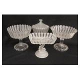 1313	4 EARLY AMERICAN PATTERN GLASS FROSTED RIBBON COMPOTES, COVERED PIECE IS 10 IN HIGH