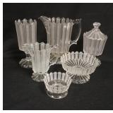 1314	EARLY AMERICAN PATTERN GLASS-6 PIECE FROSTED RIBBON, PITCHER IS 9 IN HIGH