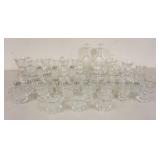 1318	LARGE LOT OF CLEAR FOSTORIA COIN GLASS, DECANTERS, CRUETS, SALT & PEPPER SHAKERS, TUMBLERS, ETC