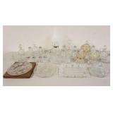 1321	LARGE LOT OF CLEAR FOSTORIA COIN GLASS INCLUDING LAMP, 3 PIECES GOLD DECORATED COINS, CRUET SET