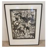 1324	LARGE SIGNED WOODBLOCK P/A PRINT, HAND SIGNED, TITLED *LA HORA SIN SOMBRA*, 33 IN X 44 IN INCLU