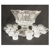 1329	FOSTORIA COIN PUNCH SET, BOWL, BASE & 12 CUPS, ONE CUP DOES NOT HAVE FROSTED COINS, BOWL IS 14 