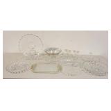 1331	GLASS LOT W/FOSTORIA COLONY, LARGE SILVER OVERLAY BOWL, FOSTORIA, ELEGANT, ETCHED, ETC