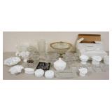 1332	GLASS LOT W/CLEAR & MILK GLASS INCLUDING FENTON, FOSTORIA AMERICAN, SMITH PUNCH LADLES, ETC