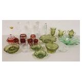 1334	GLASS LOT W/ANTIQUE RED BLOCK, DOLPHIN CANDLESTICKS, FOSTORIA, ETC