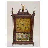 1001	ELI TERRY & SONS ANTIQUE SHELF CLOCK, PILLAR & SCROLL W/REVERSE PAINTING OF MOUNT VERNON ON DOO