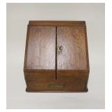1005	ANTIQUE OAK TABLE TOP STATIONARY BOX, SLANT FRONT W/COMPARTMENTS & CALENDER, DRAWER AT BASE, AP