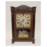 1006	ANTIQUE SHELF CLOCK RILEY WHITING WINCHESTER CT, DECORATED LOWER GLASS PANEL ON DOOR, CASE IS S