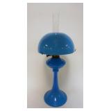 1008	ANTIQUE KEROSENE LAMP W/OPAQUE BLUE GLASS SHADE & LAMP, LAMP HAS EM DUPLEX BURNER, APPROXIMATEL