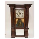 1024	FORRESTVILLE WEIGHT DRIVEN EMPIRE SHELF CLOCK W/REVERSE PAINTED CENTER GLASS, HAVING SOME LOSS,