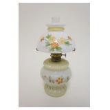 1026	ANTIQUE MINIATURE MILK GLASS KEROSENE LAMP W/HAND PAINTED FLOWERS ON FONT & SHADE, APPROXIMATEL