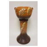 1047	ROSEVILLE FREESIA BROWN POT & PEDISTAL, 669-8, APPROXIMATELY 25 IN HIGH, RIM CHIP REPAIR ON TOP