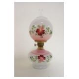 1056	MINIATURE MILK GLASS KEROSENE LAMP W/HAND PAINTED FLOWERS, APPROXIMATELY 10 1/4 IN HIGH
