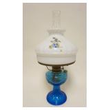 1058	ALADDIN KEROSENE LAMP, BLUE LINCOLN DRAPE PATTERN W/HAND PAINTED & SIGNED MILK GLASS SHADE, APP