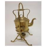 1065	BRASS TEA KETTLE ON BRASS STAND W/WARMER, BURNER MISSING, APPROXIMATELY 15 IN HIGH
