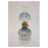 1077	MINIATURE KEROSENE LAMP W/MILK GLASS FONT & HAND PAINTED FLOWERS, APPROXIMATELY 9 3/4 IN HIGH