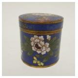 1096	CLOISONNE ROUND COVERED BOX, ROSE DECORATIONS ON BLUE BACKGROUND, APPROXIMATELY 3 1/4 IN X 3 1/