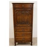 1106	COUNTRY FRENCH ABATTANT SECRETARY DESK, HAVING 4 CARVED DRAWER FRONTS & DESK LID & PANELED SIDE