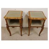 1108	PAIR OF DIMINUTIVE OAK STANDS W/SCALLOPED EDGE TOPS, INSET GLASS & CARVED CABRIOLE LEGS, APPROX