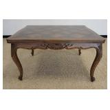 1113	COUNTRY FRENCH PARQUETRY TOP DINING TABLE W/PULL OUR SIDE LEAVES, CARVED SKIRT & LEGS, SOME VEN
