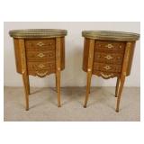 1116	PAIR OF 3 DRAWER CONTINENTAL OVAL STANDS HAVING MARBLE TOPS W/BRASS FRETWORK GALLERY TRIM, BRON
