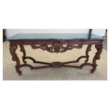 1117	HEAVILY CARVED GREEN MARBLE TOP HALL TABLE, CONTINENTAL, APPROXIMATELY 68 IN X 21 IN X 32 IN HI