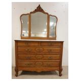 1118	OAK 5 DRAWER MARBLE TOP CHEST W/ADJUSTABLE TRIPLE BEVELED EDGE MIRROR, APPROXIMATELY 44 IN X 22