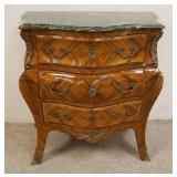 1119	CONTINENTAL BOMBE MARBLE TOP CHEST, 3 DRAWERS W/METAL MOUNTS & DIAMOND MATCHED VENEER, APPROXIM