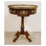 1120	ORNATE INLAID LAMP TABLE W/METAL MOUNTS & METAL SWAGS ON BASE, INLAID TOP W/FRETWORK METAL GALL