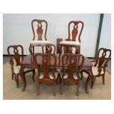 1135	LEGACY BANDED DINING TABLE & CHAIRS, TABLE HAS 2 SKIRTED LEAVES W/ 8 CHAIRS, 6 SIDE & 2 ARM, TA