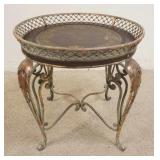 1140	ROUND METAL LAMP TABLE W/INSET LEATHER TOPW/GILT DESIGN, COPPER FINISHED LEAVES ON LEG EXTERIOR