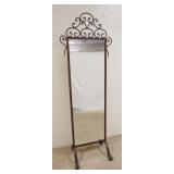 1142	METAL DRESSING MIRROR W/SCROLLED WROUGHT IRON BASE & TOP, APPROXIMATELY 77 1/2 IN HIGH