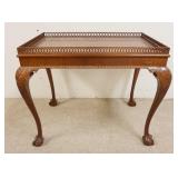 1143	MAHOGANY END LAMP TABLE W/FRETWORK CUT OUT GALLERY TOP & SHELL CARVED, BALL & CLAW FEET, APPROX