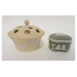 1152	WEDGEWOOD ENGLAND JASPERWARE, YELLOW & WHITE, GREEN & WHITE, POTPURRI BOWL & COVERED JAR, LARGE