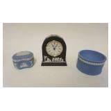 1155	WEDGWOOD ENGLAND JASPER, CANTERBURY CATHEDRAL COVERED BOX, CLOCK & BOWL, LARGEST IS APPROXIMATE