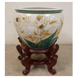 1176	CONTEMPORARY ASIAN KOI FISH BOWL ON STAND, APPROXIMATELY 12 IN X 16 1/4 IN