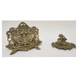 1181	LOT OF BRASS VICTORIAN DESK ITEMS, BRASS BRADLEY & HUBBARD LETTER HOLDER, & BRASS INKWELL, GLAS