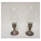 1202	PAIR OF STERLING WEIGHTED CANDLESTICKS W/WHEEL CUT HURRICANE SHADES, 10 1/4 IN HIGH
