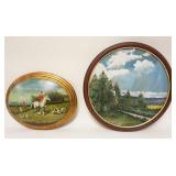 1237	LOT HUNT SCENE AND SIGNED WATERCOLOR OF CHURCH DATED 1952, 15 1/4 IN DIAMETER
