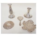 1245	LOT OF VINTAGE STERLING AND SILVER PLATE, STERLING WEIGHTED CANDLESTICKS, BOUND MIRROR