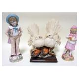 1246	LOT R. PENNNATI CAPODIMONTE PORCELAIN DOVE PERCHED ON TOP OF CORN COBS AND 2 BISQUE FIGURES OF 