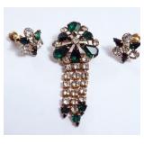 1289	VINTAGE 12K GOLD FILLED PHYLLIS PIN AND EARRING SET WITH GREEN STONES