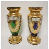 1002	LARGE BOTTEMIA GLASS VASES, COLBALT BLUE & EMERALD GREEN UNDER GILT & BASE FLOWER DECORATIONS, 