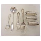 1018	GROUP OF ASSORTED STERLING INCLUDING NAPKIN RINGS, FORKS & SPOON, 7 PIECE LOT, 3.44 TOZ