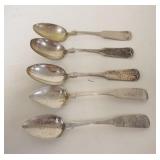1023	COIN SILVER SPOONS, LOT OF 5-6 IN, 2 HARDING, 2.4 TOZ