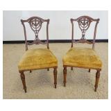 1038	PAIR OF VICTORIAN WALNUT CHAIRS W/PIERCED CARVED BACKS & UPHOLSTERED SEATS, WEAR TO UPHOLSTERY